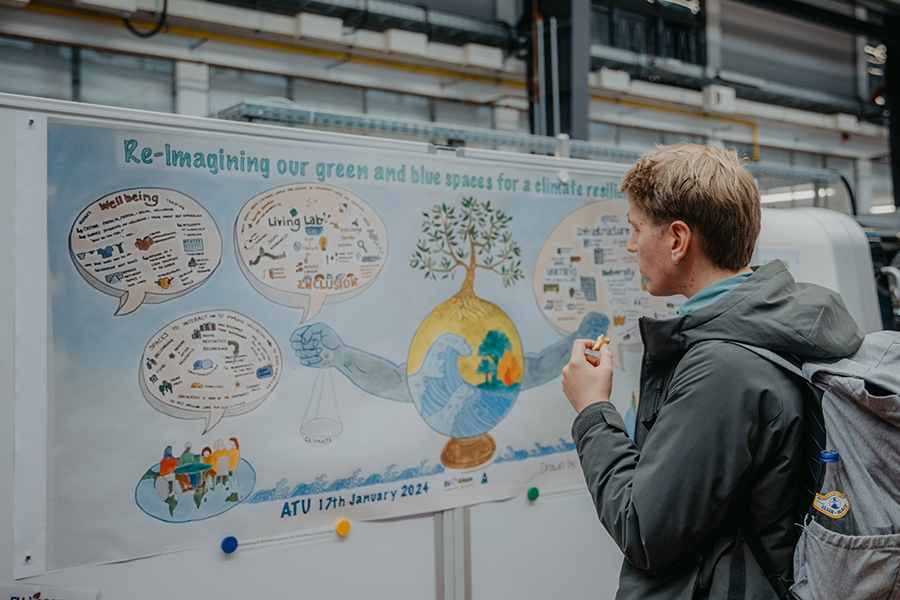 Ein junger Mann schaut sich beim World Café zur Campusgestaltung ein Plakat zum Thema Nachhaltigkeit an (c) Anna Friese Uni Magdeburg