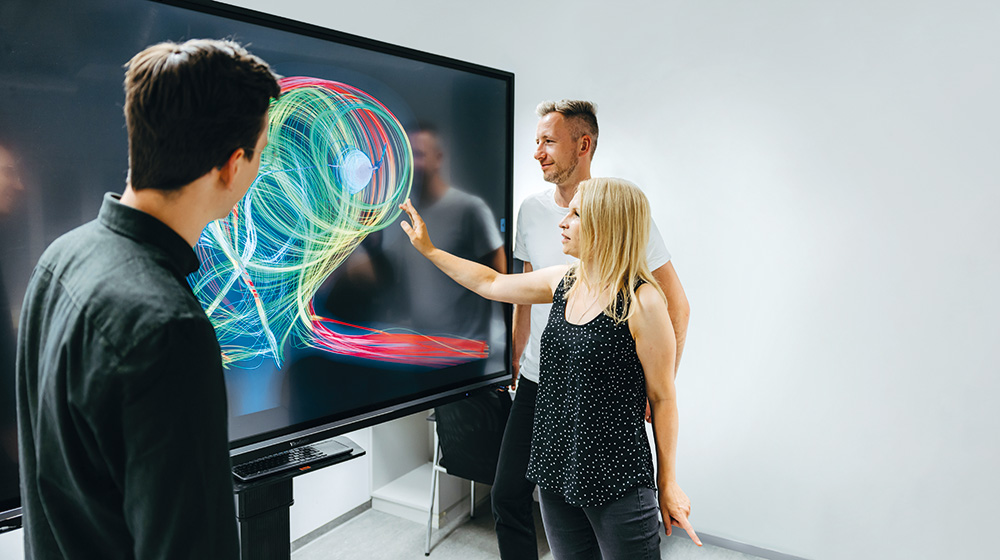Drei Forschende der Uni Magdeburg stehen vor einem großen Bildschirm und entwickeln Computersimulationen zur Behandlung Aneurysmen (c) Jana Dünnhaupt Uni Magdeburg