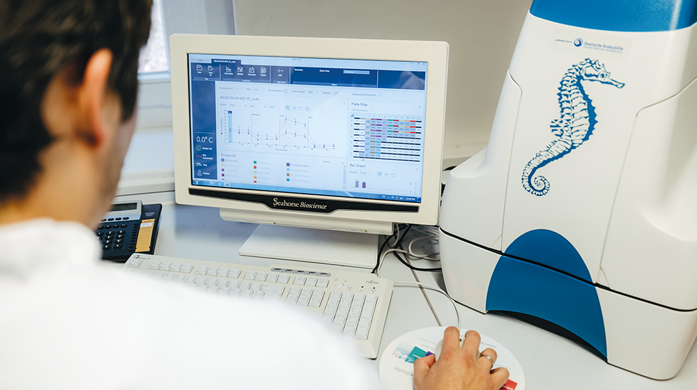 Wissenschaftler sitzt an einem Computer und prüft mit Flux-Analyse in Echtzeit die Veränderungen des Zellstoffwechsels (c) Jana Dünnhaupt Uni Magdeburg