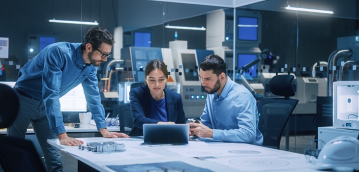 Three people sit around a laptop and discuss an analysis (c) Shutterstock Gorodenkoff