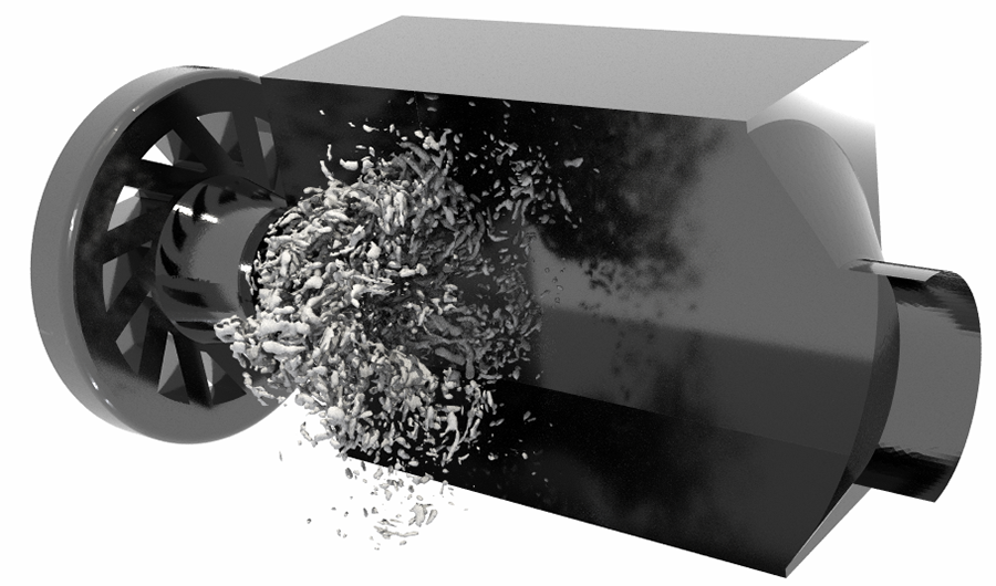 Illustration of flow inside a swirled burner (Preccinsta burner). Simulation performed using ALBORZ.